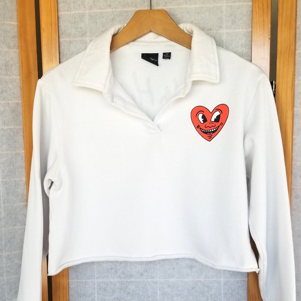 Keith Haring Cropped Red Heart Sweatshirt Collared White Size Small